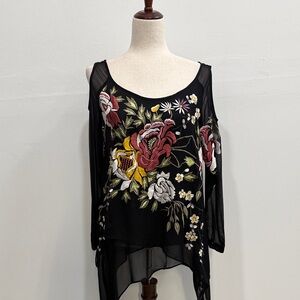 Floral Embroidered Black Women's Top Small